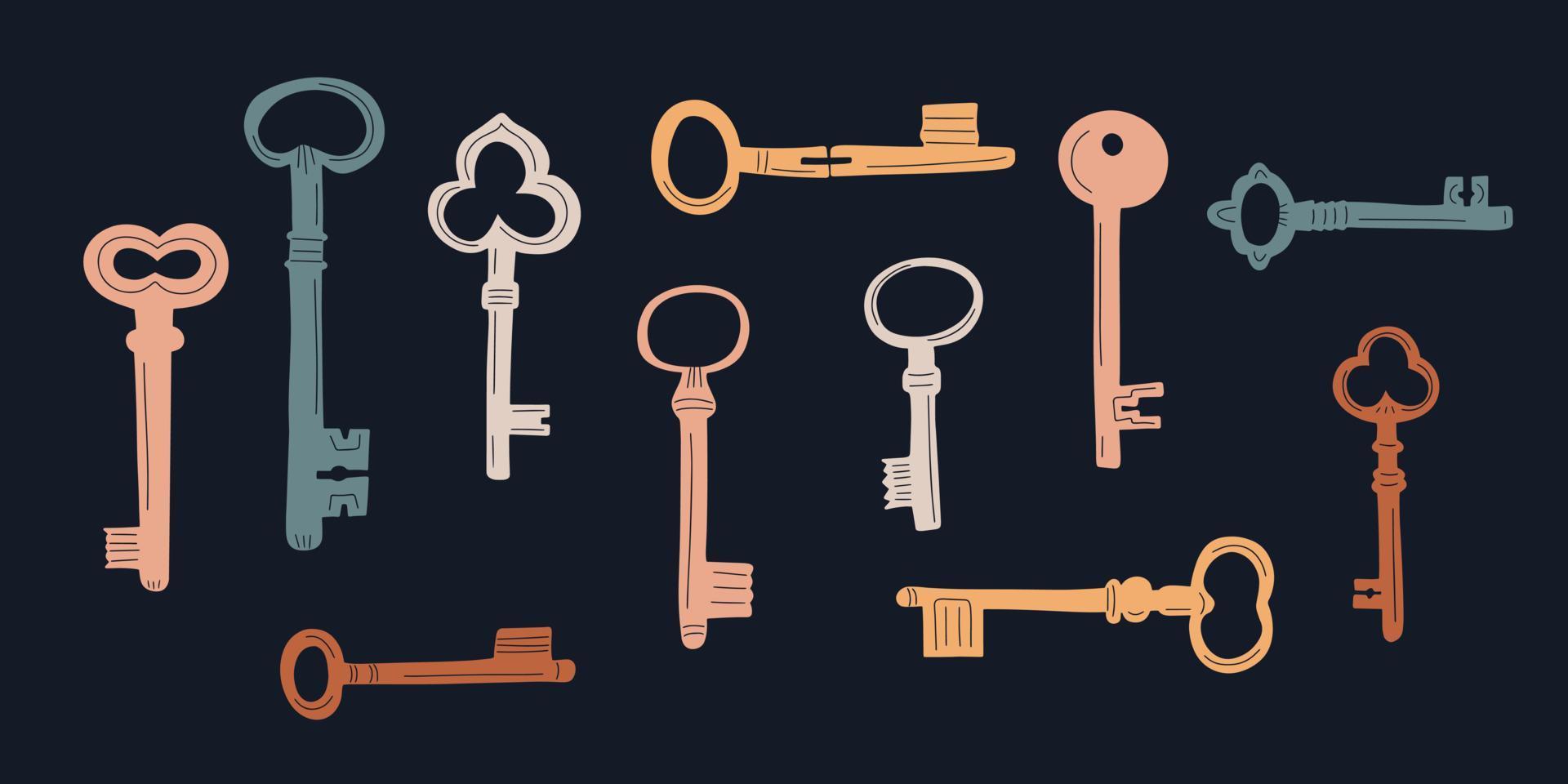 conjunto de iconos de garabatos de llave antigua dibujados a mano. ilustración vectorial en estilo de dibujos animados sobre fondo oscuro vector