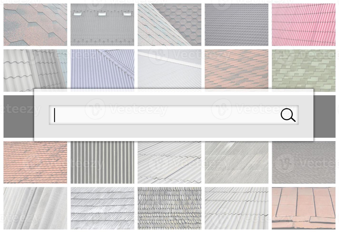 Visualization of the search bar on the background of a collage of many pictures with fragments of various types of roofing close up. A set of images with roof coating textures photo