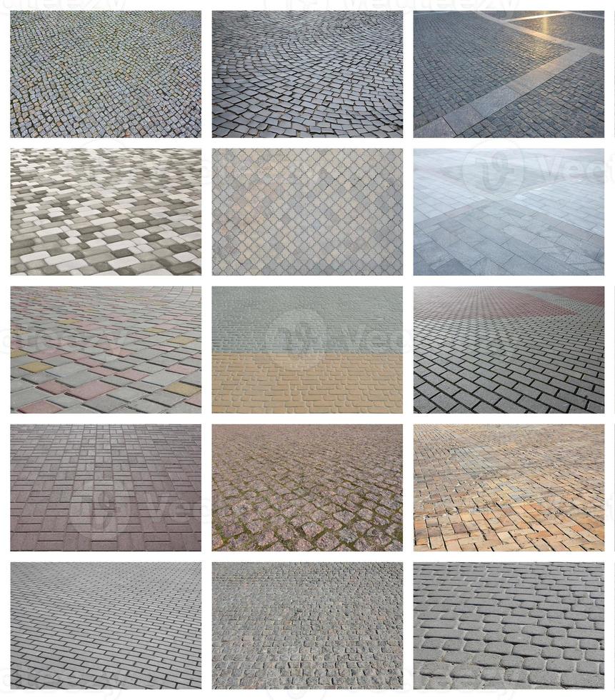 A collage of many pictures with fragments of paving tiles close-up. Set of images with pavement stone photo