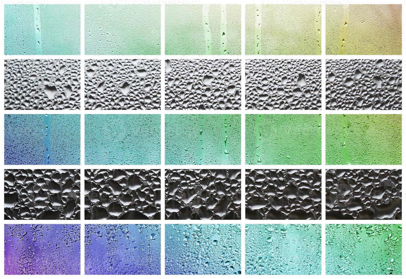 un collage de muchos fragmentos diferentes de vidrio, decorado con gotas de lluvia del condensado. colores del arcoiris foto