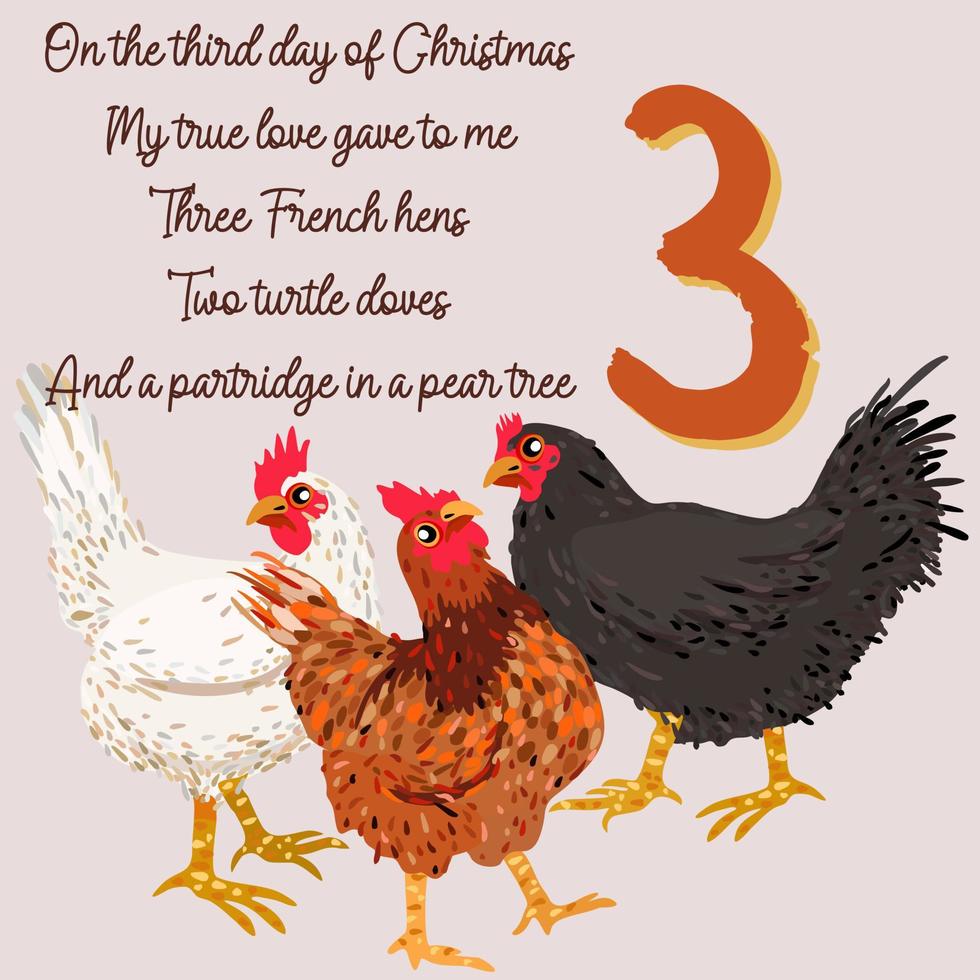 The twelve days of Christmas. Third day. Three french hens. vector