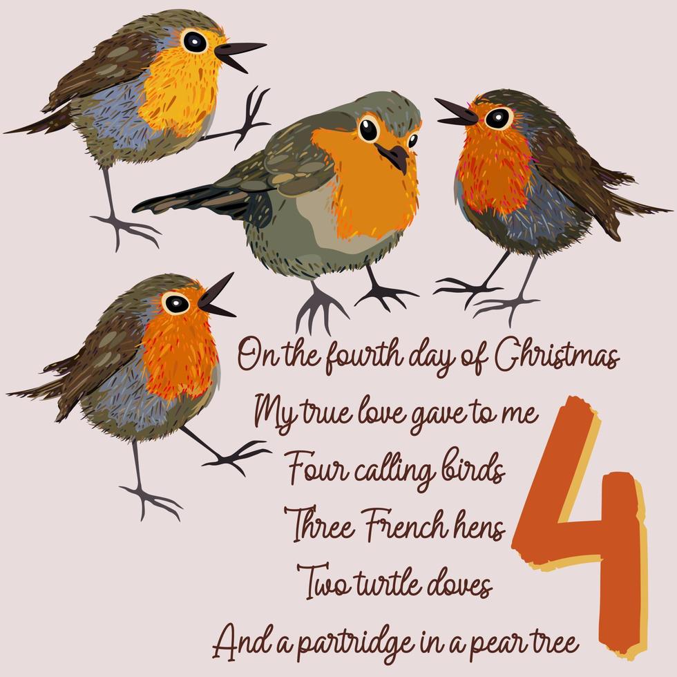 los doce días de navidad. cuarto día. cuatro pájaros cantores. vector