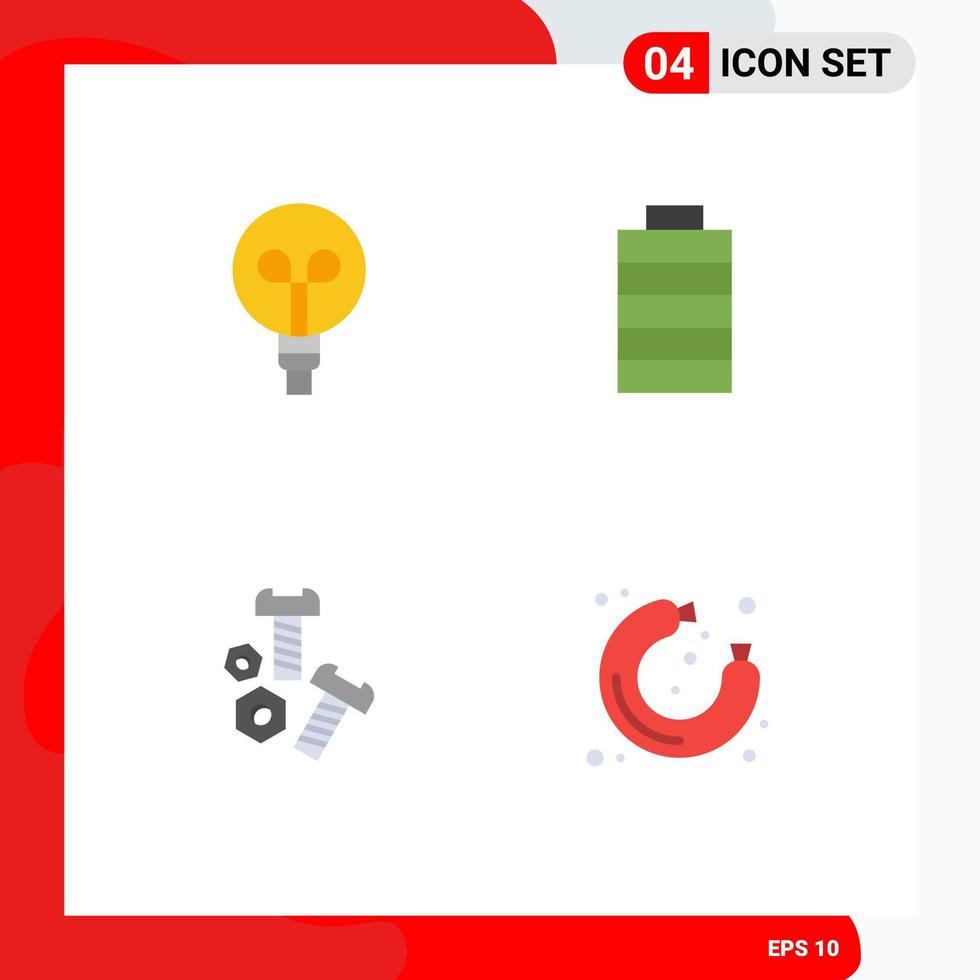 4 User Interface Flat Icon Pack of modern Signs and Symbols of bulb tools battery bolt sausage Editable Vector Design Elements