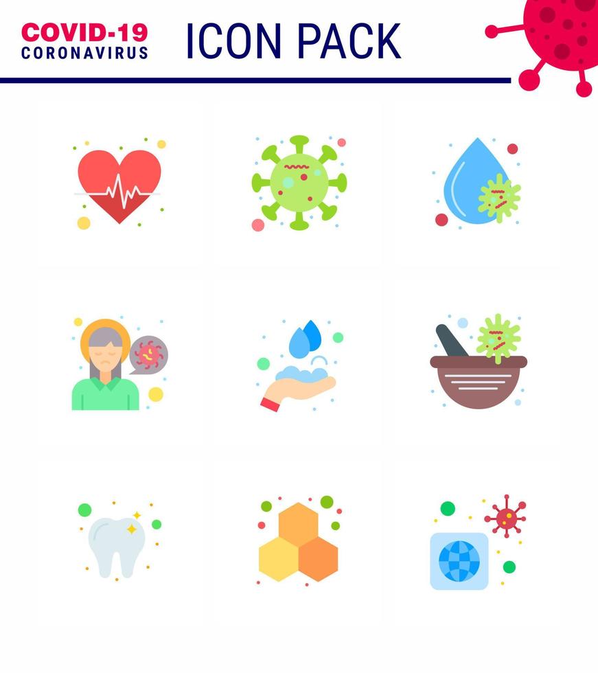 Conjunto de 9 colores planos de iconos epidémicos del virus de la corona, como el cuidado de las manos, el dolor de sangre enfermo, la cabeza, el coronavirus viral 2019nov, los elementos de diseño del vector de la enfermedad