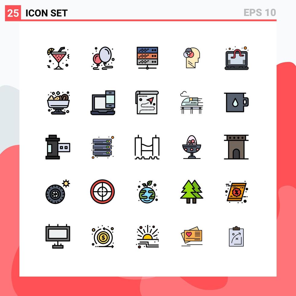 25 User Interface Filled line Flat Color Pack of modern Signs and Symbols of computer virus head hosting intelligent human intelligence Editable Vector Design Elements