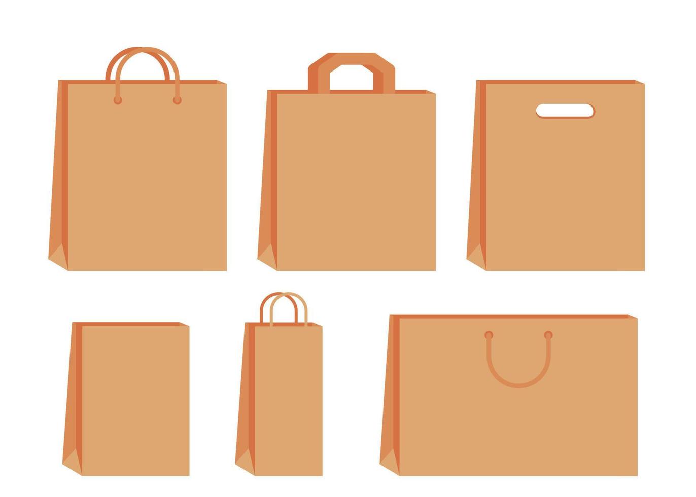 Paper bag with handle template of shopping set. Brown craft paper pack for gift, food, item. Shop, supermarket packets, retail packaging. Take Away, delivery in eco bag. Mockups front view. Vector