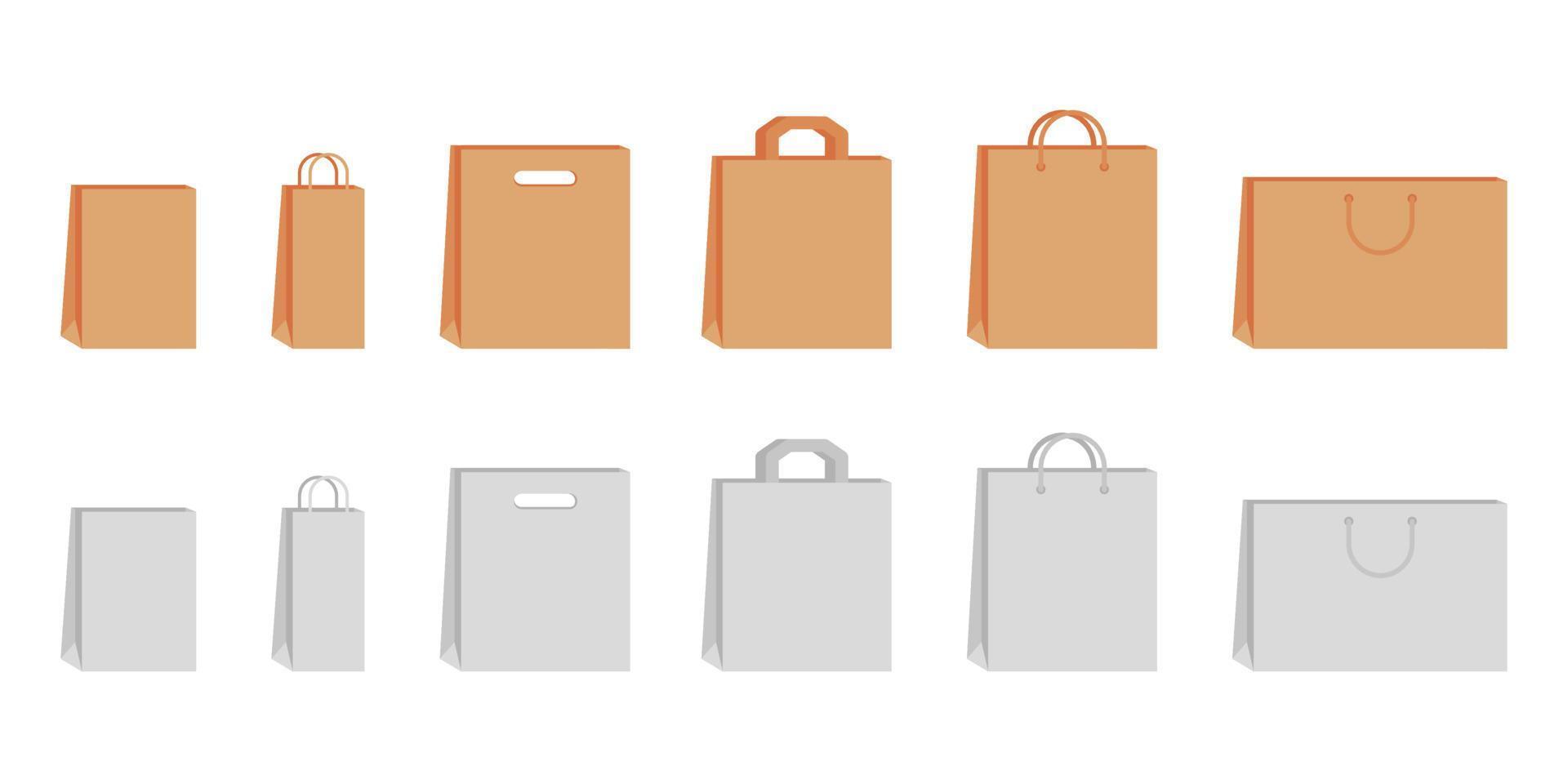 Paper bag with handle template of shopping set. Brown and white craft paper pack for gift, food, item. Shop, supermarket packets, retail packaging. Take Away, delivery in eco bag. Mockups. Vector flat