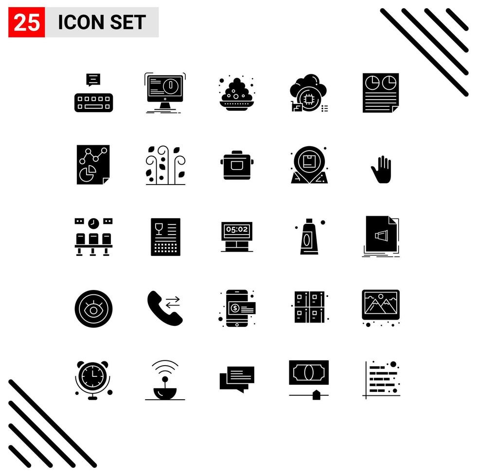 Pack of 25 Modern Solid Glyphs Signs and Symbols for Web Print Media such as document data colour chip cloud Editable Vector Design Elements