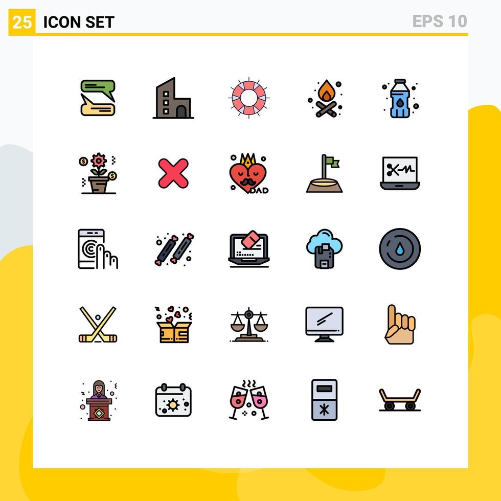 grupo de 25 signos y símbolos de colores planos de línea rellena para el fuego de agua potable ayuda a la fogata admite elementos de diseño de vectores editables