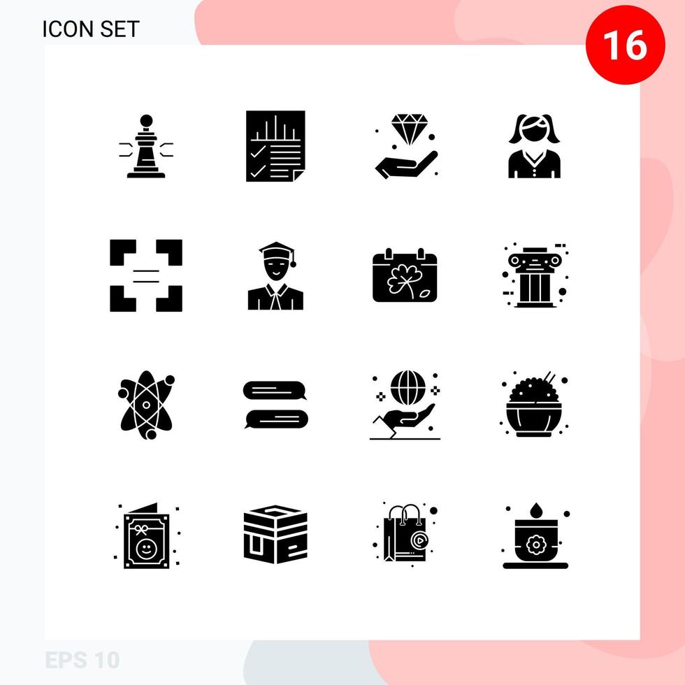 16 Thematic Vector Solid Glyphs and Editable Symbols of woman female report invest hold Editable Vector Design Elements