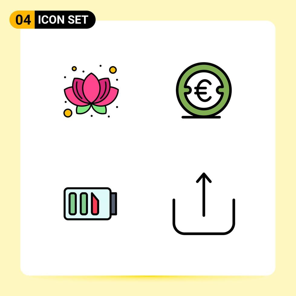 Universal Icon Symbols Group of 4 Modern Filledline Flat Colors of lotus battery coin investment simple Editable Vector Design Elements