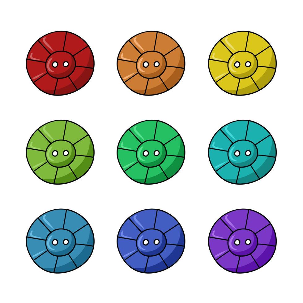A set of colored icons, a round decorative button for clothes, vector illustration in cartoon style on a white background