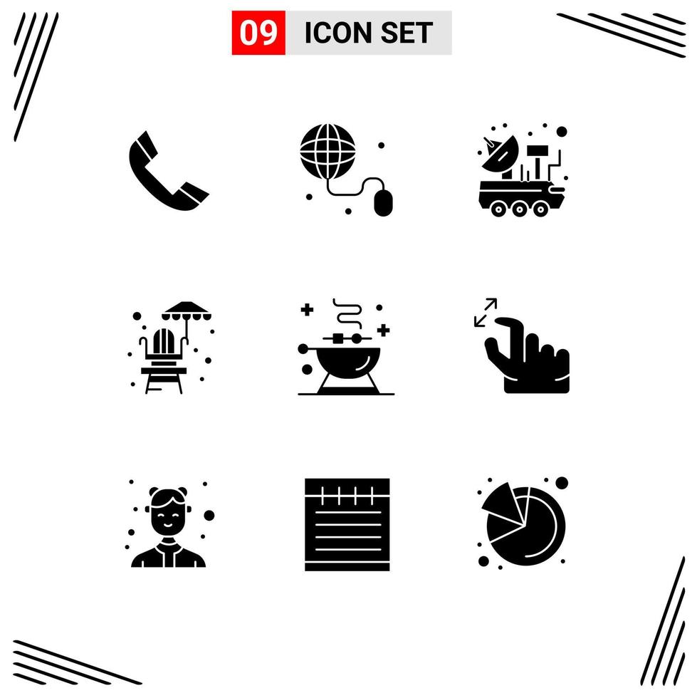 Pack of 9 Modern Solid Glyphs Signs and Symbols for Web Print Media such as food barbecue satellite park life guard chair Editable Vector Design Elements