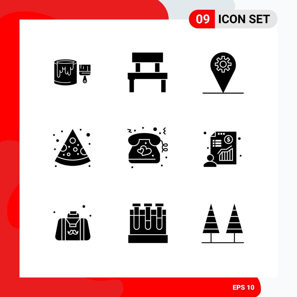 9 User Interface Solid Glyph Pack of modern Signs and Symbols of love pizza park piece gear Editable Vector Design Elements