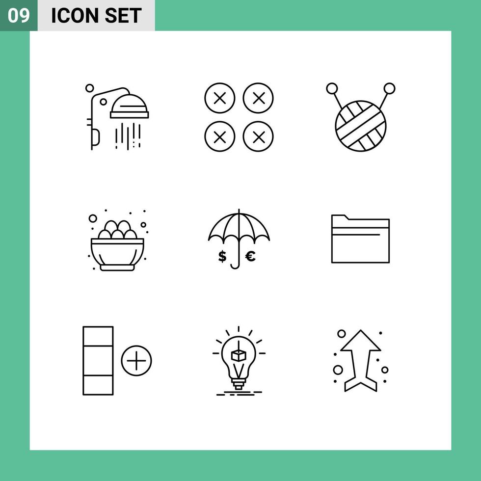 Pictogram Set of 9 Simple Outlines of euro umbrella ball of wool insurance egg Editable Vector Design Elements