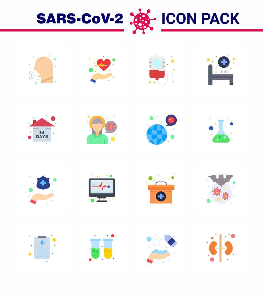 Covid19 icon set for infographic 16 Flat Color pack such as event medical room life hospital bed donation viral coronavirus 2019nov disease Vector Design Elements