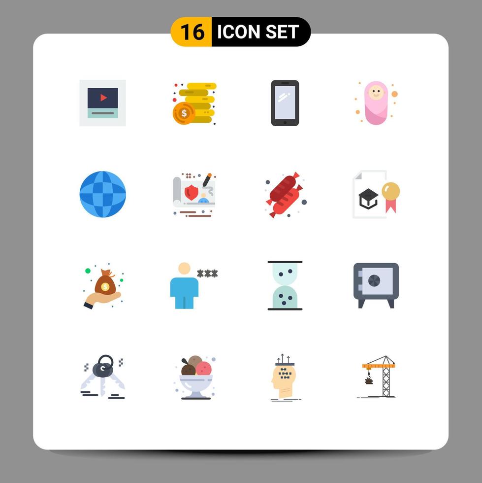 paquete de color plano de interfaz de usuario de 16 de signos y símbolos modernos de protección de ubicación teléfono inteligente niños bebé paquete editable de elementos creativos de diseño de vectores