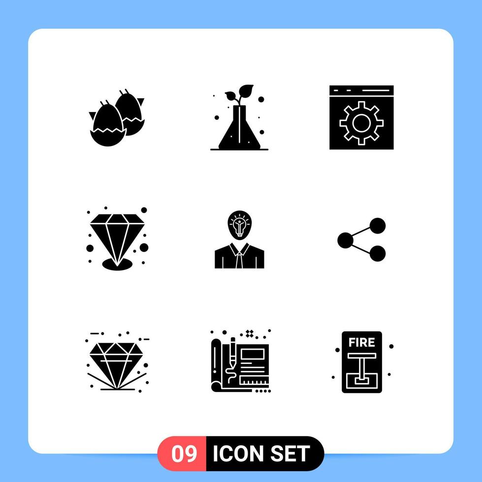 Set of 9 Vector Solid Glyphs on Grid for light idea develop man quality Editable Vector Design Elements