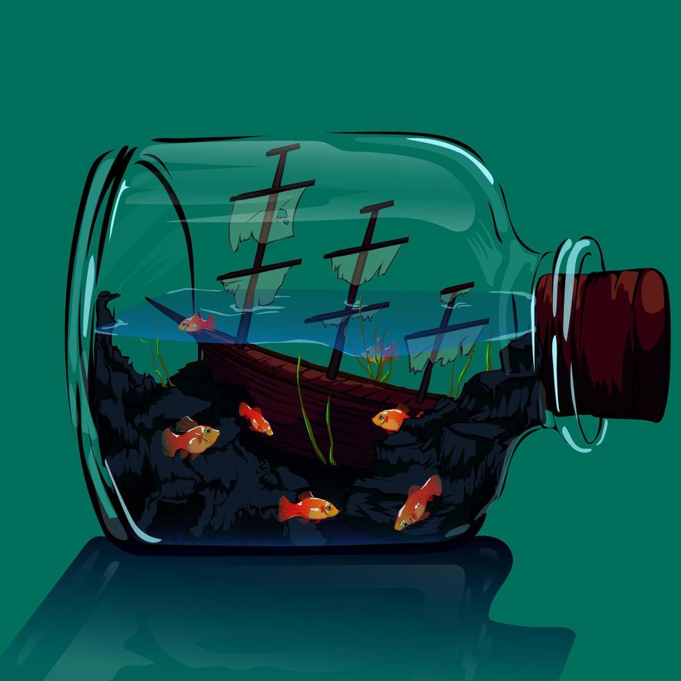 paisaje acuático de barco hundido y peces nadando dentro de una botella vector