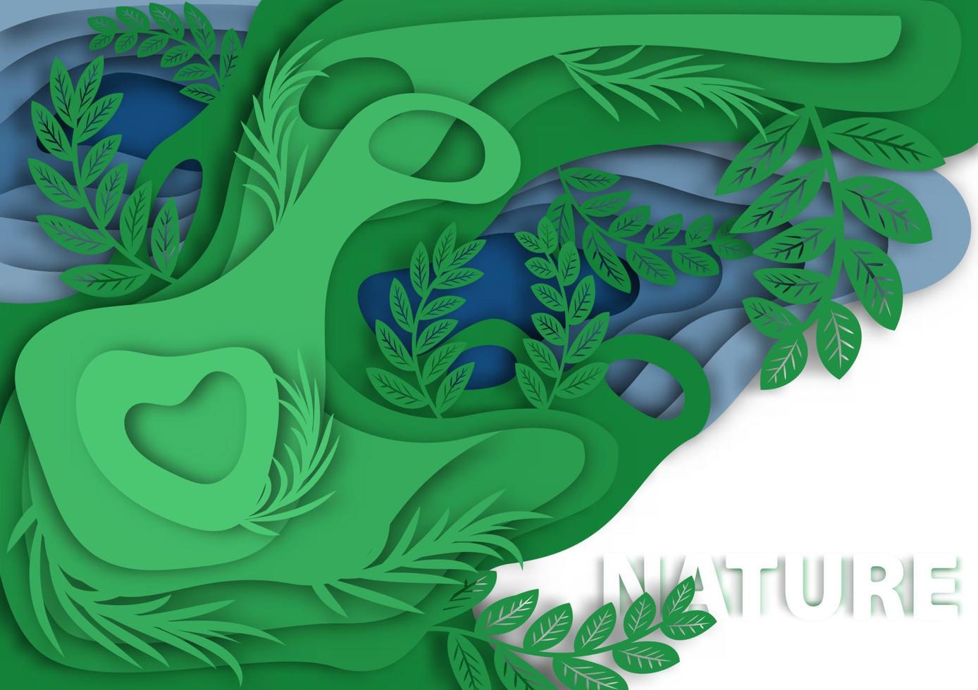 Top view of nature paper cut. Leaves, bushes, river. Vector illustration.