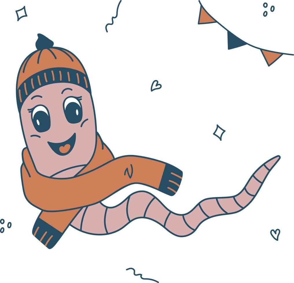 Cute cartoon worm dressed in a hat and scarf hand drawn vector
