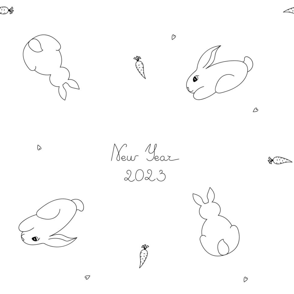 Seamless pattern hand drawn in doodle style with rabbits, carrots, hearts and the inscription New Year 2023 vector