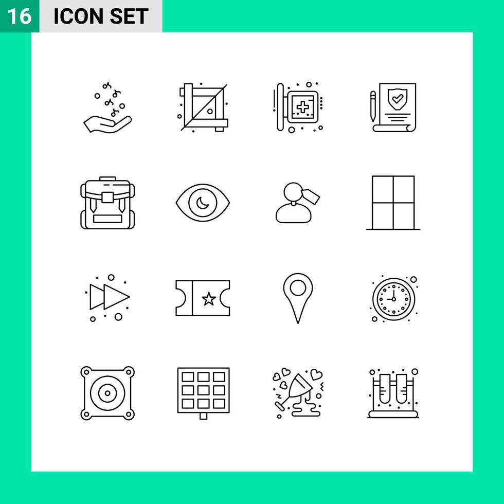 Mobile Interface Outline Set of 16 Pictograms of bag paper graphic insurance sign Editable Vector Design Elements