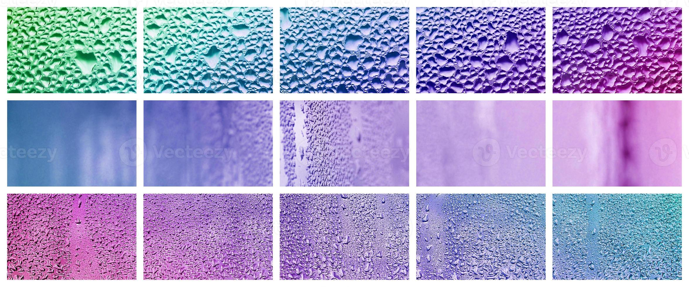 A collage of many different fragments of glass, decorated with rain drops from the condensate. Purple and violet tones photo