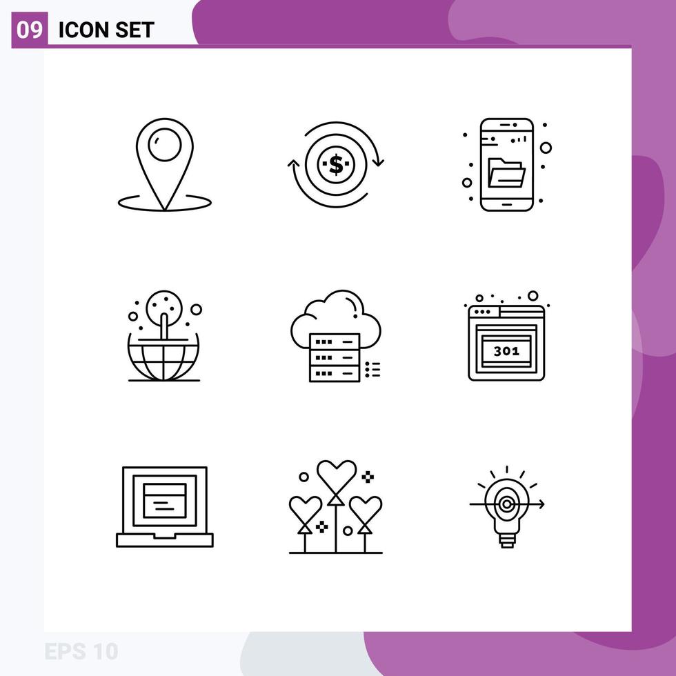 Set of 9 Vector Outlines on Grid for online world dollar globe search Editable Vector Design Elements