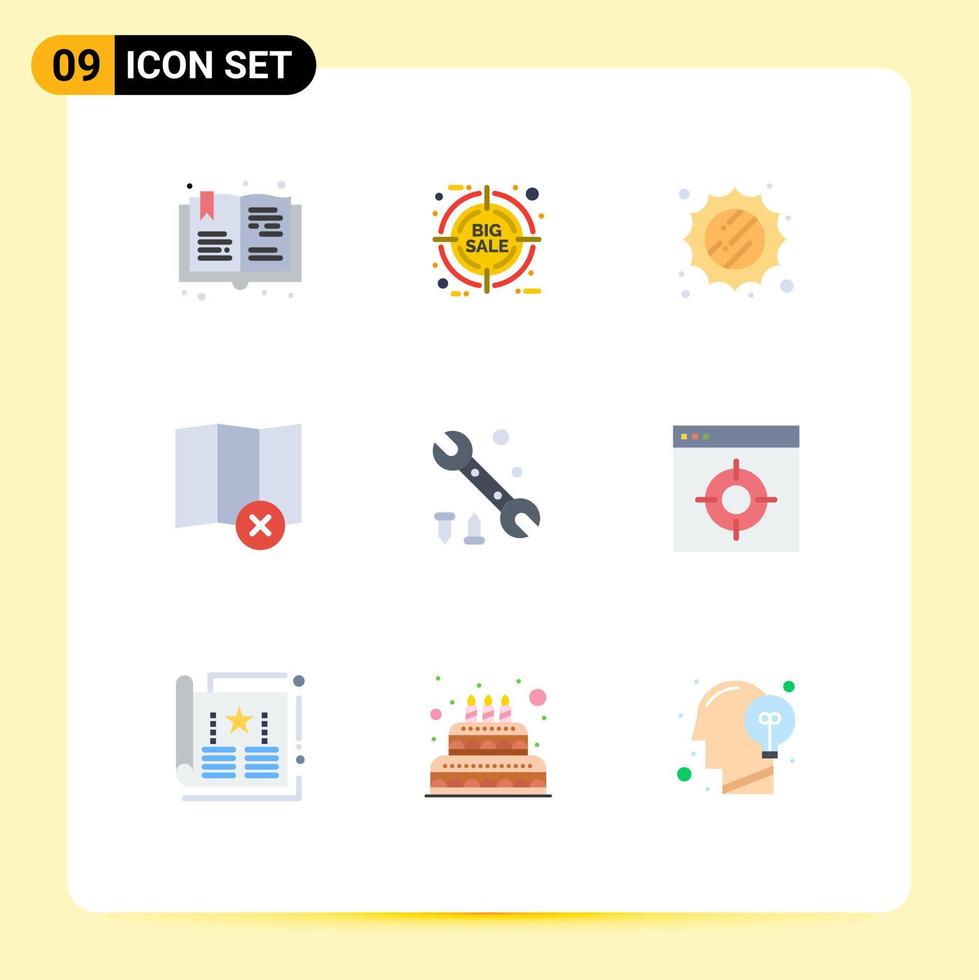 Editable Vector Line Pack of 9 Simple Flat Colors of application options sun wrench delete Editable Vector Design Elements