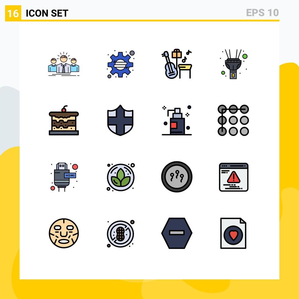 Group of 16 Flat Color Filled Lines Signs and Symbols for cake bakery startup torch flash Editable Creative Vector Design Elements