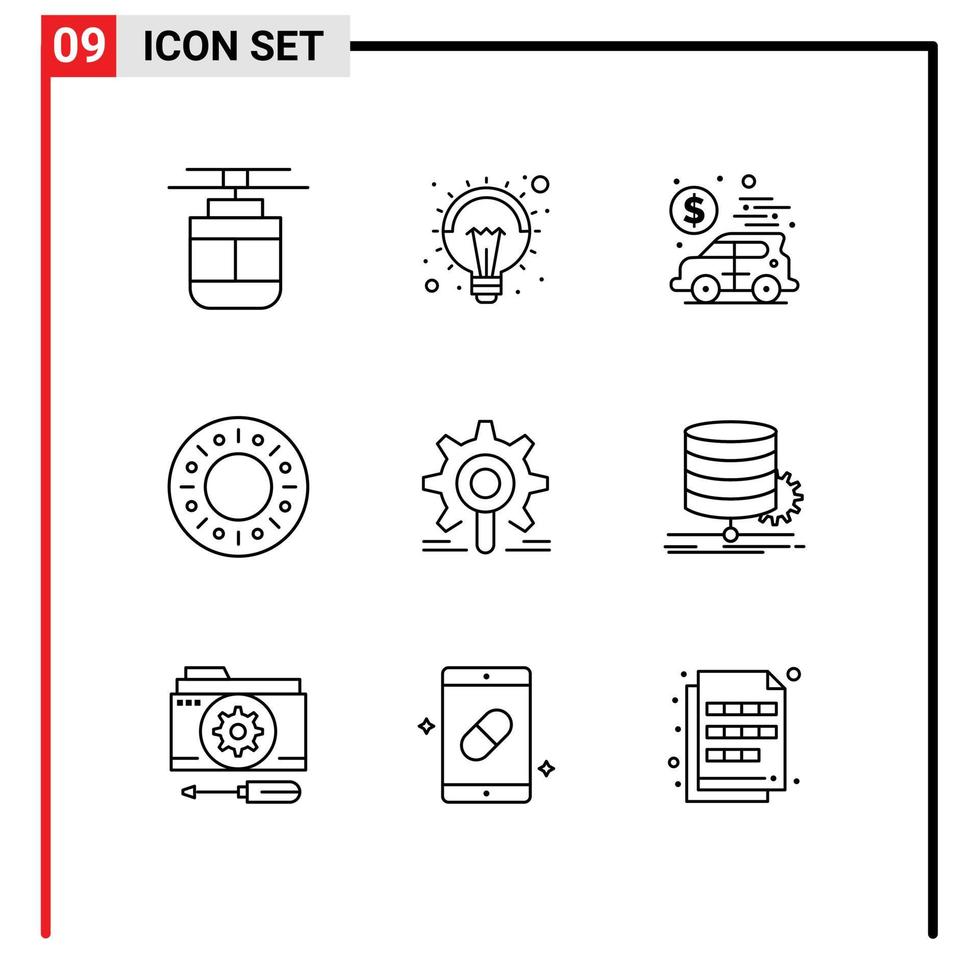 9 Thematic Vector Outlines and Editable Symbols of gear food lamp doughnut money Editable Vector Design Elements