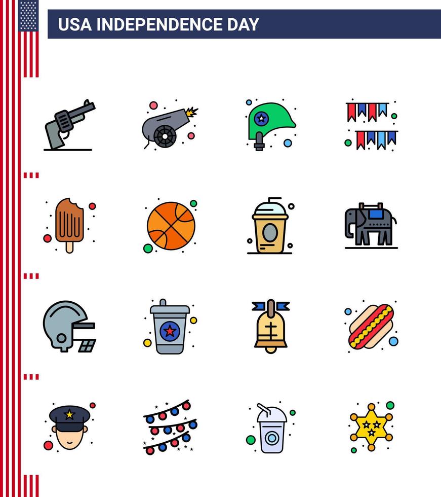Pack of 16 USA Independence Day Celebration Flat Filled Lines Signs and 4th July Symbols such as cold decoration head buntings american day Editable USA Day Vector Design Elements