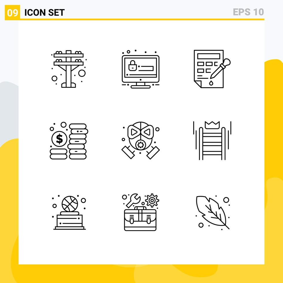 9 Thematic Vector Outlines and Editable Symbols of mask fire color bucket management coins Editable Vector Design Elements