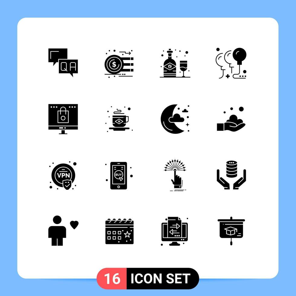 Universal Icon Symbols Group of 16 Modern Solid Glyphs of bag celebration money birthday glass Editable Vector Design Elements