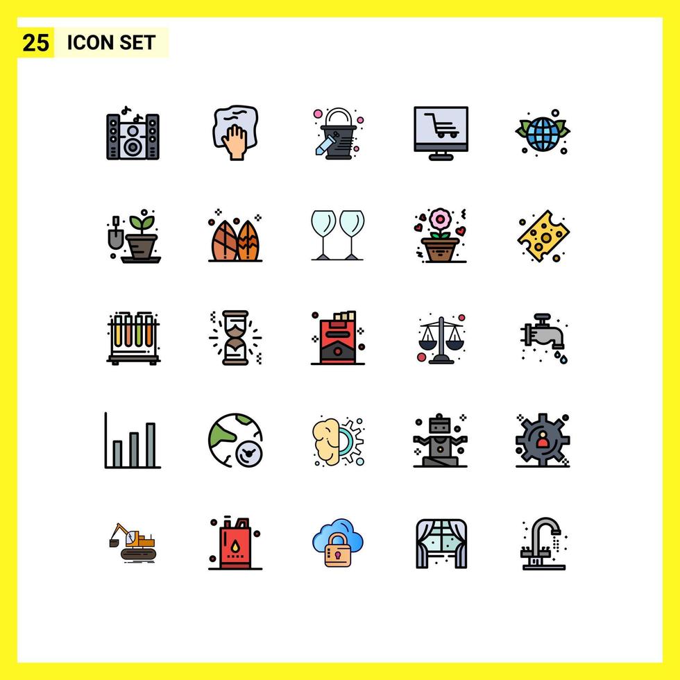 Pack of 25 Modern Filled line Flat Colors Signs and Symbols for Web Print Media such as world earth bucket startup product Editable Vector Design Elements