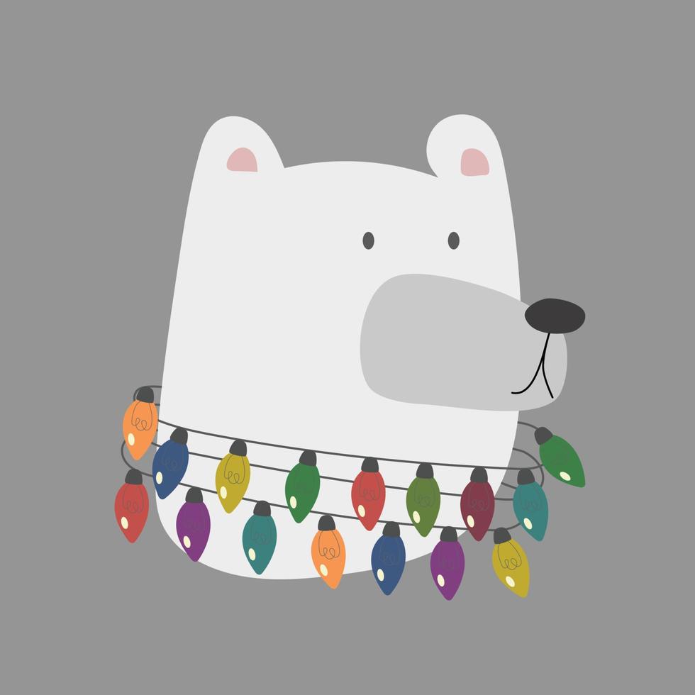 Holiday white polar bear head with Christmas lights. Vector illustration of cute cartoon bear in warm red hat and scarf for greeting cards, prints