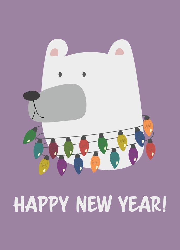 Greeting card. Happy New Year white polar bear head. Vector illustration of cute cartoon bear with christmas lights for greeting cards, prints