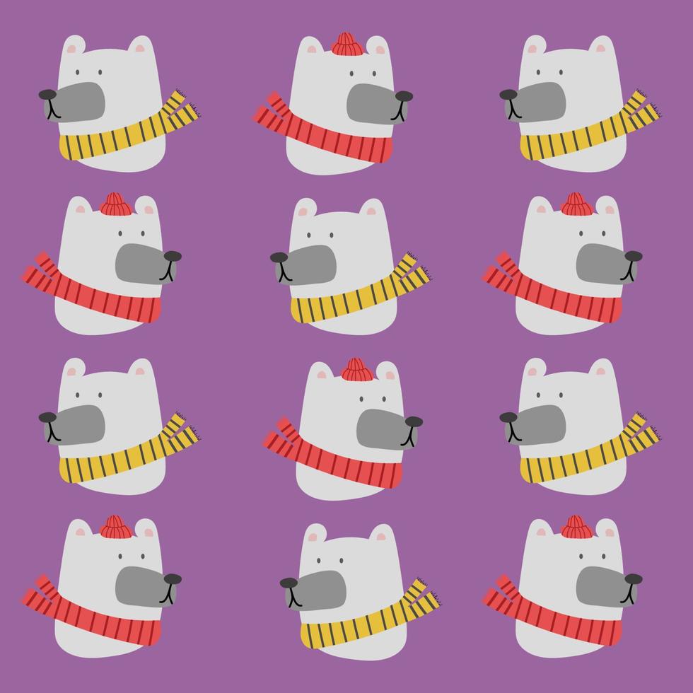Christmas white polar bear head pattern on a purple background. Vector illustration of cute cartoon bear in warm red hat and scarf for greeting cards, prints