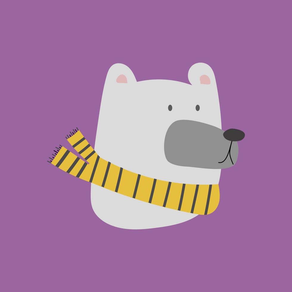 Christmas white polar bear head. Vector illustration of cute cartoon bear in warm yellow scarf for greeting cards, prints