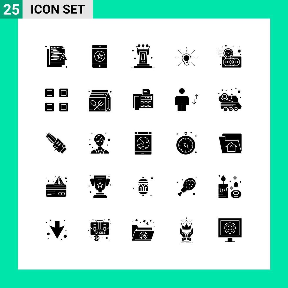 25 Universal Solid Glyphs Set for Web and Mobile Applications hearing ear mobile awareness speech Editable Vector Design Elements