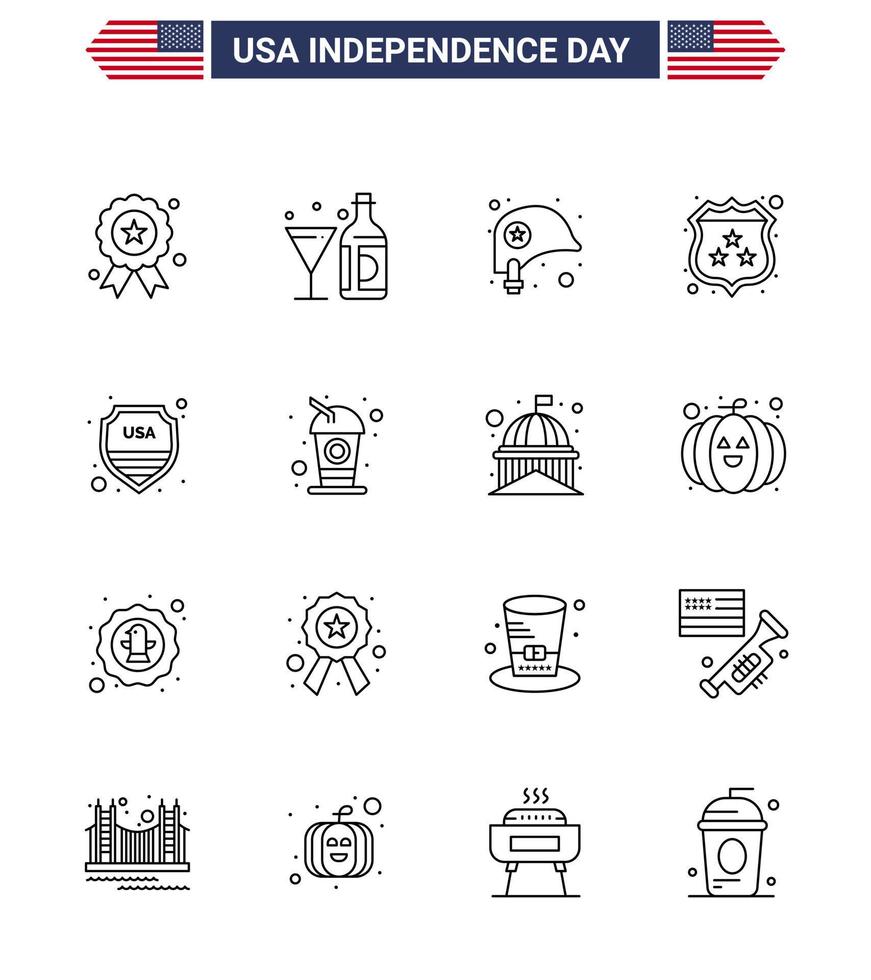 Pack of 16 USA Independence Day Celebration Lines Signs and 4th July Symbols such as security shield glass security star Editable USA Day Vector Design Elements