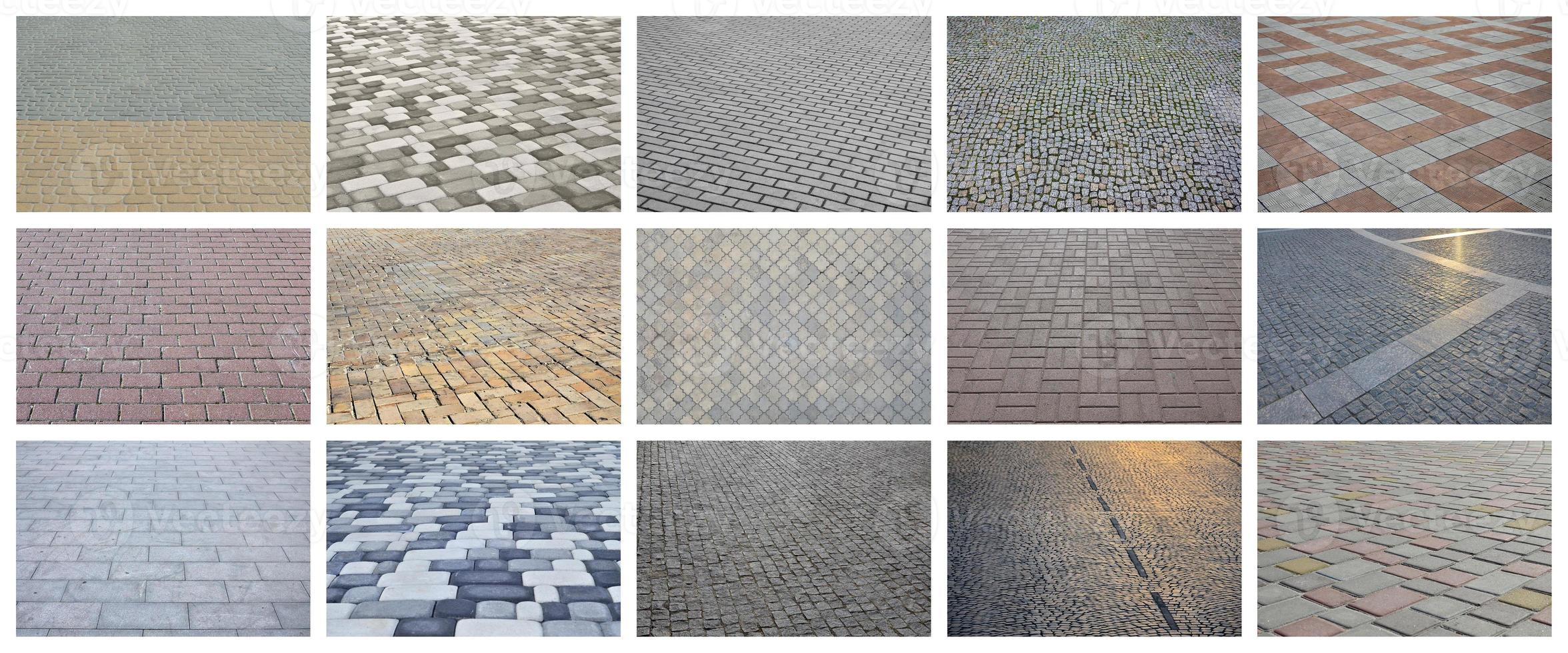 A collage of many pictures with fragments of paving tiles close-up. Set of images with pavement stone photo