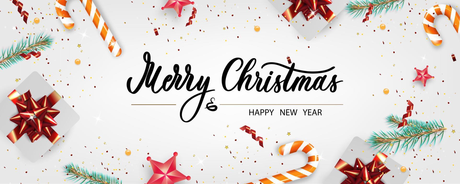 Christmas banner. Xmas background objects viewed from above. Calligraphy text Merry Christmas and Happy New Year. vector