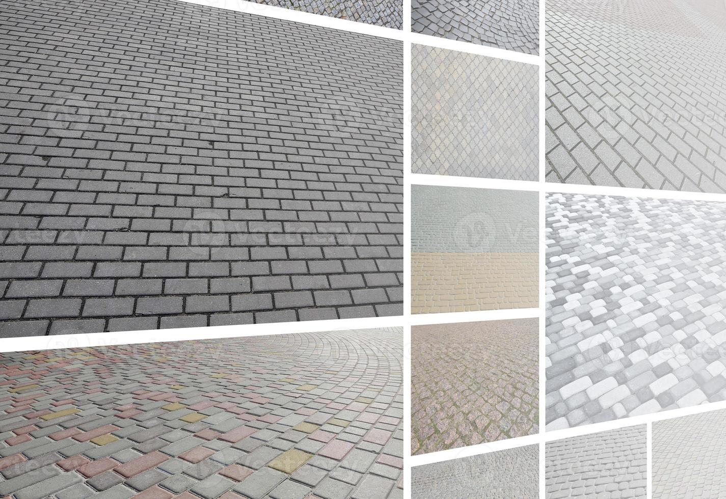 A collage of many pictures with fragments of paving tiles close-up. Set of images with pavement stone photo