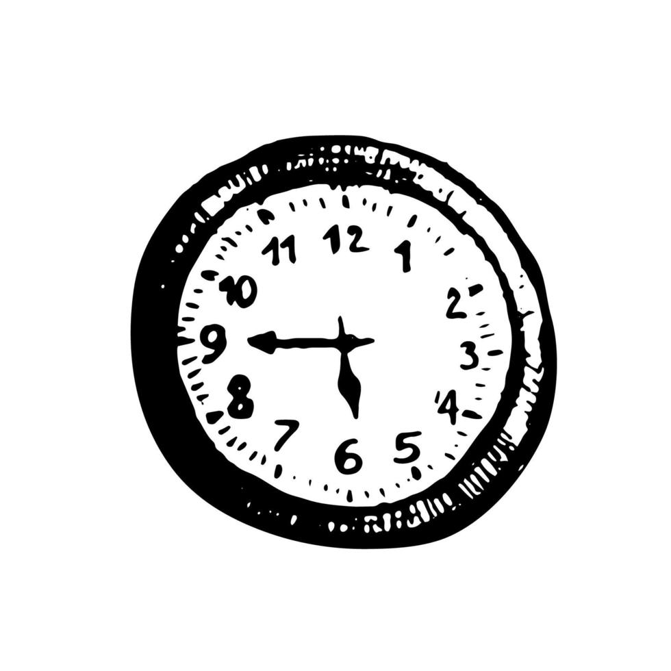 Outline round clock. Black hand drawn doodle sketch. Black vector illustration isolated on white. Line art.