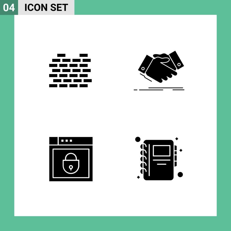 Set of 4 Vector Solid Glyphs on Grid for construction internet security shaking hand shield Editable Vector Design Elements