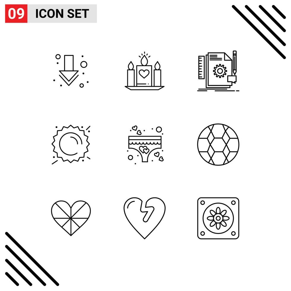 Set of 9 Commercial Outlines pack for love weather design sunny summer Editable Vector Design Elements