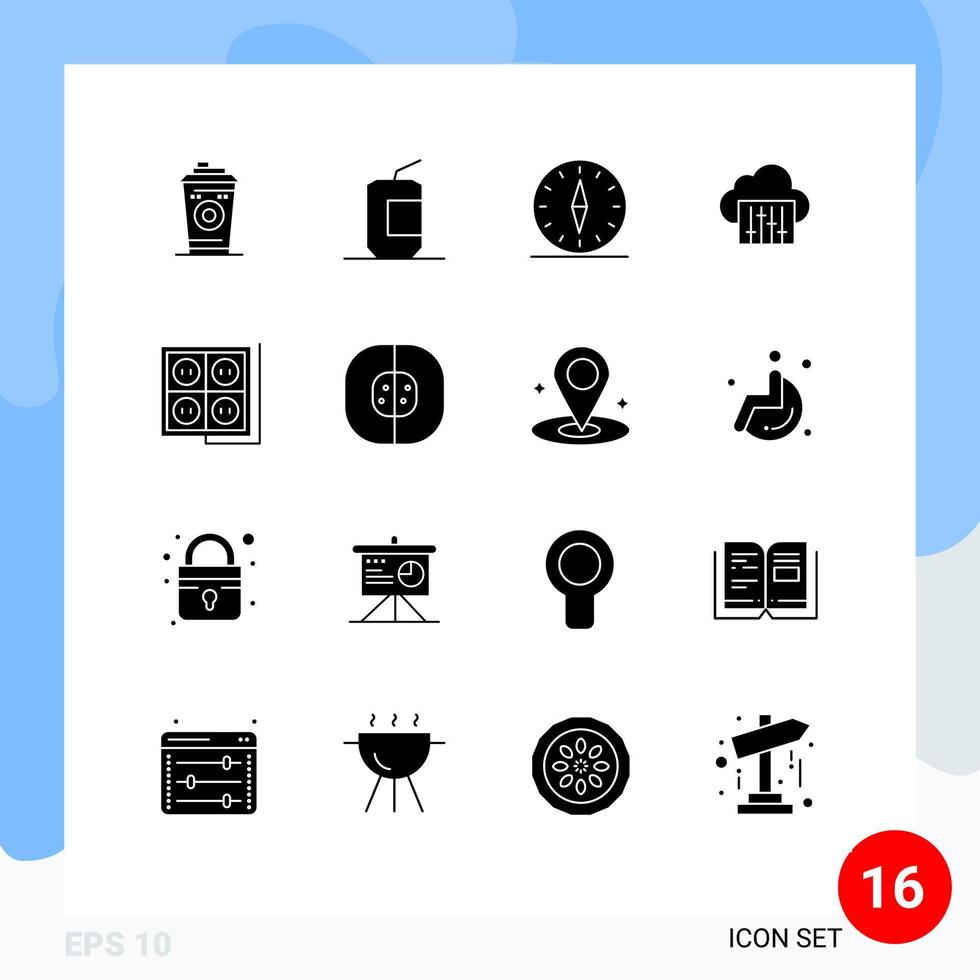 Group of 16 Solid Glyphs Signs and Symbols for audio connection food cloud navigation Editable Vector Design Elements