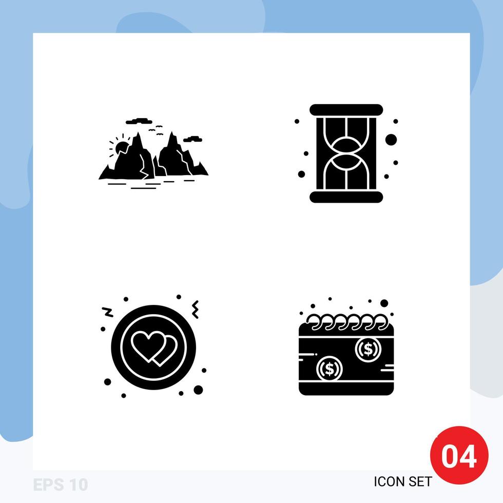 Group of 4 Modern Solid Glyphs Set for mountain heart nature loading calendar Editable Vector Design Elements